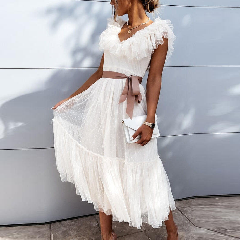 Sexy V Neck Mesh Sheer Beach Dress Elegant Butterfly Sleeve Ruffle Long Dress Women Fashion Belted Lace-up Party Dress Vestidos