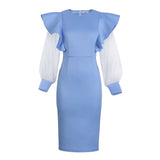 Pbong mid size graduation outfit romantic style teen swag clean girl ideas 90s latina aestheticWomen Blue Dress Ruffle Bodycon O Neck Long Tulle Sleeve See Through Pathwork Party Elegant Events Christmas Party Evening Robes