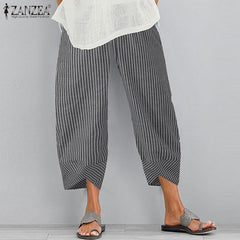 Vintage Women Cotton Linen Wide Leg Pants  Female Asymmetric Trousers Ladies Casual Loose Pockets Elastic Waist Pants