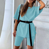 New Casual Solid Women's Two Piece Suit with Belt Solid Color Home Loose Sports Fashion Leisure Suit Summer Clothing