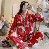Sleepwear Women's Faux Silk Satin Pajamas Set Nightwear Long Sleeve Pajamas Home Clothes Set For women Sleeping Shirt Home Wear