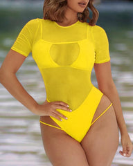 Women Fashion Sheer Mesh Cutout One Piece Swimsuit With Lining O-neck Short Sleeve Vacation Swimwear