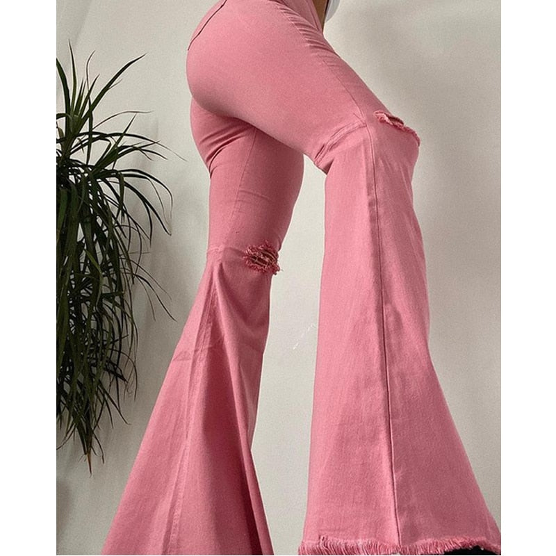 Pbong mid size graduation outfit romantic style teen swag clean girl ideas 90s latina aestheticJeans Woman Slim Fit Solid Color Bell-bottoms Classic Style Ripped High Waist Long Denim Pants Street Retro Style Stretchy Jeans