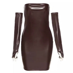Y2K Leather With Gloves Party Dress Women's Backless Sexy Low Cut Clubwear Skinny Black Bodycon Mini Dresses Female