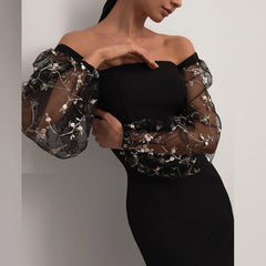 Sexy Sheer Lantern Sleeve Long Dress Fashion Patchwork Embroidery Mesh Party Dress Women Casual Square Collar Slim Bodycon Dress