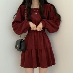 Women Long Sleeve Dresses Solid Color Square Collar A-line Sweet Vintage Design High Waist Mini Length Soft Chic Korean Elegant