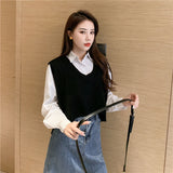 Sweater Vest Autumn winter All-match Basic Fashion Ladies Jumpers Lovely Candy Color V-neck College Girls Cropped Knitwear