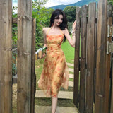 French Vintage Dress Women Elegant Backless Floral Halter Neck Midi Dress Summer Chiffon Holiday Beach Dresses for Women