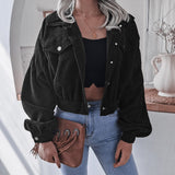 New Long Sleeve Women Corduroy Short Jacket Solid Color Button Pocket Crop Coat Long Puff Sleeve Outwear Pockets Top