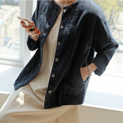 New Summer Fall Women's Jacket Fashionable Casual Loose Pockets Outerwear Short Cotton and Linen Tops JK8109