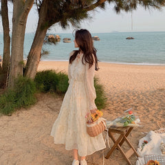 V-neck Elegant Sweet Dress Women Long Sleeve Chiffon Floral Dress Party Beach Dress for Females Korean Style Summer Chic