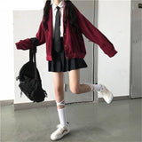 Japanese Harajuku Spring Autumn Women Streetwear Jacket Apricot Wine Red Casual Loose Oversized Coat Vintage Corduroy Outerwear