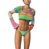 Women Summer Crop Tops Splicing Crochet Square Neck Long Sleeves Knitted T-shirt Tops Streetwear for Girls Green