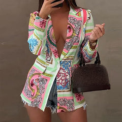 Women Cardigan Suit Jacket Retro Pattern Print Office Lady Slim Blazer Elegant Turn-down Collar Button Fashion Coats Streetwear
