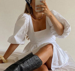 White Backless Casual Dress Women Short Puff Sleeve A Line Summer Sexy Beach Square Neck Elegant Party Mini Dresses