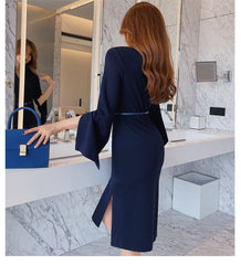 New V-Neck Split Vintage Vestidos Simple Chic Work Wear Dress Women Office Bodycon Sheath Casual Pencil Dresses