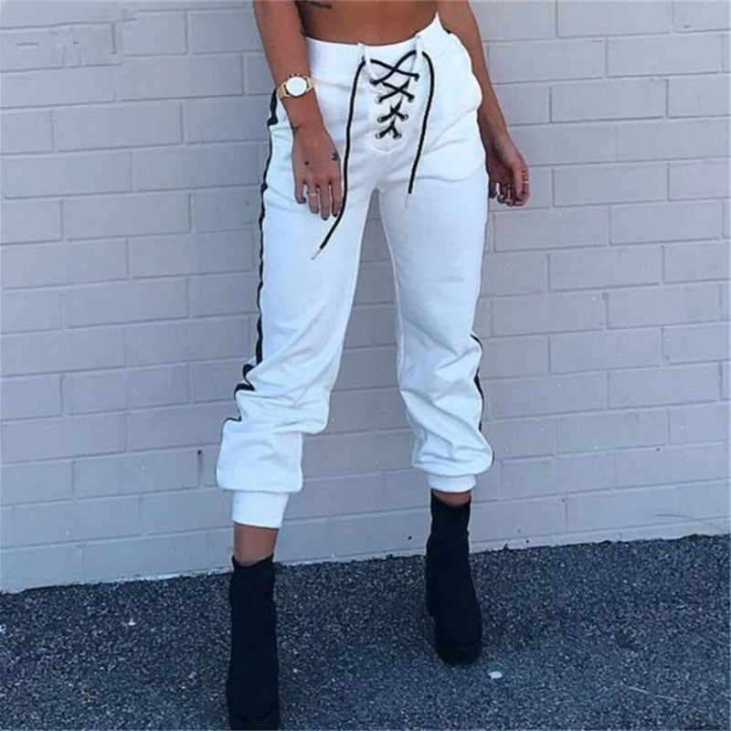 Pbong mid size graduation outfit romantic style teen swag clean girl ideas 90s latina aestheticNew Women Pants Fashion Trousers Lace-up High Waist High Street Edge Stripes Pocket Skinny Pencil Pants Zipper Cuff Female Pants