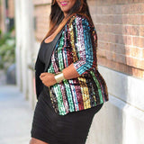 Sequins Coat Women Plus Size Jacket Colorful Striped Sequins Outwear African Clothes Turn-down Collar Top Office Lady Autumn 5XL