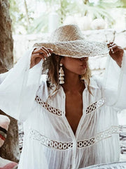 Women Swimsuit Cover Ups Mandarin Sleeve Kaftan Beach Tunic Dress Robe De Plage Solid White Pareo Beach Cover-ups Pbong mid size graduation outfit romantic style teen swag clean girl ideas 90s latina aesthetic