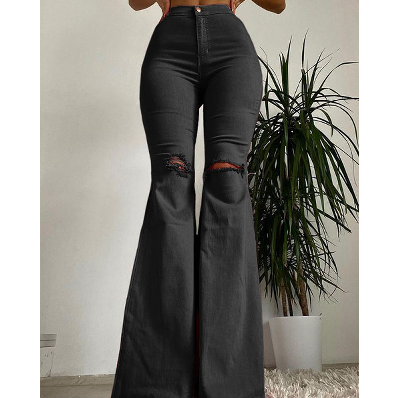 Pbong mid size graduation outfit romantic style teen swag clean girl ideas 90s latina aestheticJeans Woman Slim Fit Solid Color Bell-bottoms Classic Style Ripped High Waist Long Denim Pants Street Retro Style Stretchy Jeans