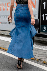 Cowboy Long Skirt Summer Gradient Asymmetry Ruffle High Waist Denim Mermaid Skirts Sexy Women Blue Jeans Pencil Faldas