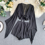 New Summer 2 Piece Outfits For Women Flare Sleeve Crop Top + Broad-legged Shorts Fashion Ladies Sexy Solid Chiffon Suit Set