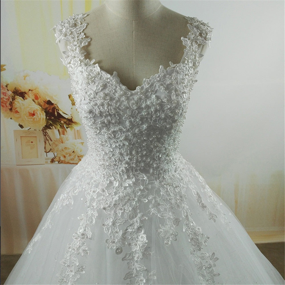 White Ivory Pearls Wedding Dresses With Lace Bottom For Brides Dress Plus Size 2-26W