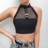 Cropped Black Punk Gothic Halter Top Festival Backless Sexy Transparent Fishnet Tops Summer Tank Top Vest Short