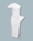 Spring Women Elegant Sexy Solid White Cocktail Midi Dresses Asymmetrical One Shoulder Ruched Irregular Formal Party Dress