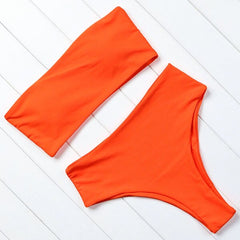 Bandeau Swimwear Women Solid Bikini High Waist Swimsuit Swimming Bathing Suit Biquini Maillot De Bain Femme