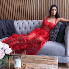 High Quality Red Lace Sleeveless Hollow Out Long Rayon Bandage Dress Evening Party Cute Dress  Pbong mid size graduation outfit romantic style teen swag clean girl ideas 90s latina aesthetic