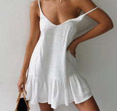 Solid Ruffles Mini Dress Deep V Neck Cotton Ruched Casual Sexy Women Summer Dresses
