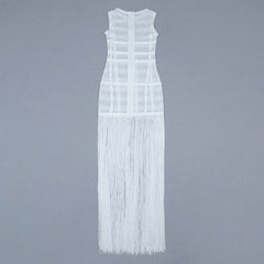 High Quality White Sleeveless Tassel Hollow Out Bodycon Rayon Bandage Dress Evening Party Sexy Dress