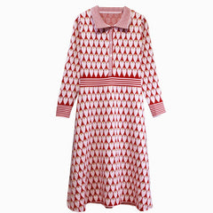Autumn Winter Sweet Red Ladybug Print Women Knitted Dress Runway Designer Long Sleeve Female Party Sweater Dresses Clothes