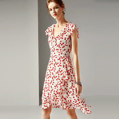 spring and summer women's new fashion V-neck ruffled waist slimming silk printed A-line dress