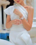 Spring Women Elegant Sexy Solid White Cocktail Midi Dresses Asymmetrical One Shoulder Ruched Irregular Formal Party Dress