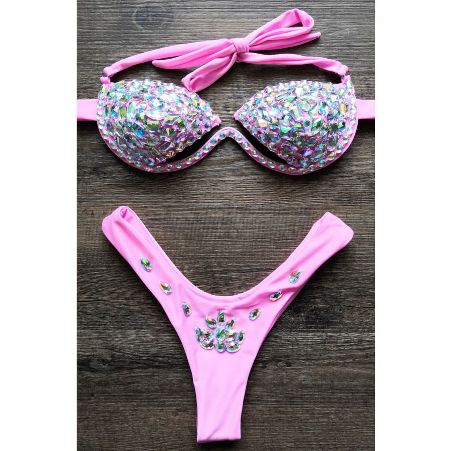 Bella BARRNET Women's Silver Rhinestone Swimsuit - Shiny Snake Print Bikini