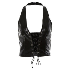 Sexy Punk Y2K Black Leather Crop Top Womens  Hollow Backless camisole Summer Vest Fashion Club Party Wear Tank Tops