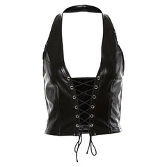 Sexy Punk Y2K Black Leather Crop Top Womens  Hollow Backless camisole Summer Vest Fashion Club Party Wear Tank Tops