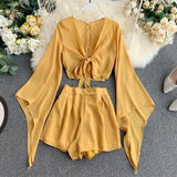 New Summer 2 Piece Outfits For Women Flare Sleeve Crop Top + Broad-legged Shorts Fashion Ladies Sexy Solid Chiffon Suit Set