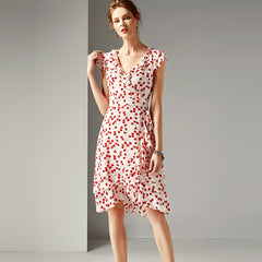 spring and summer women's new fashion V-neck ruffled waist slimming silk printed A-line dress