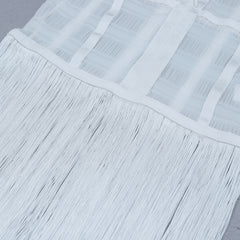 High Quality White Sleeveless Tassel Hollow Out Bodycon Rayon Bandage Dress Evening Party Sexy Dress