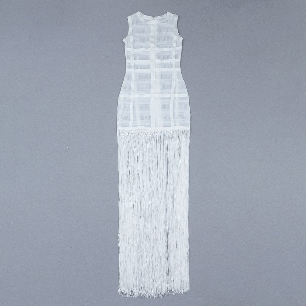 High Quality White Sleeveless Tassel Hollow Out Bodycon Rayon Bandage Dress Evening Party Sexy Dress
