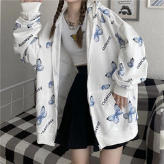 Summer Harajuku Butterfly Hoodie With Zipper Women Sweatshirt  Spring Oversized Hoodies Outerwear Plus Size