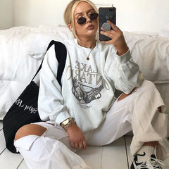 Letter Print Sweatshirt Vintage Women Hoodies Gray Cotton Warm Fleece Winter Pullovers  Autumn New Casual Streetwear Girls