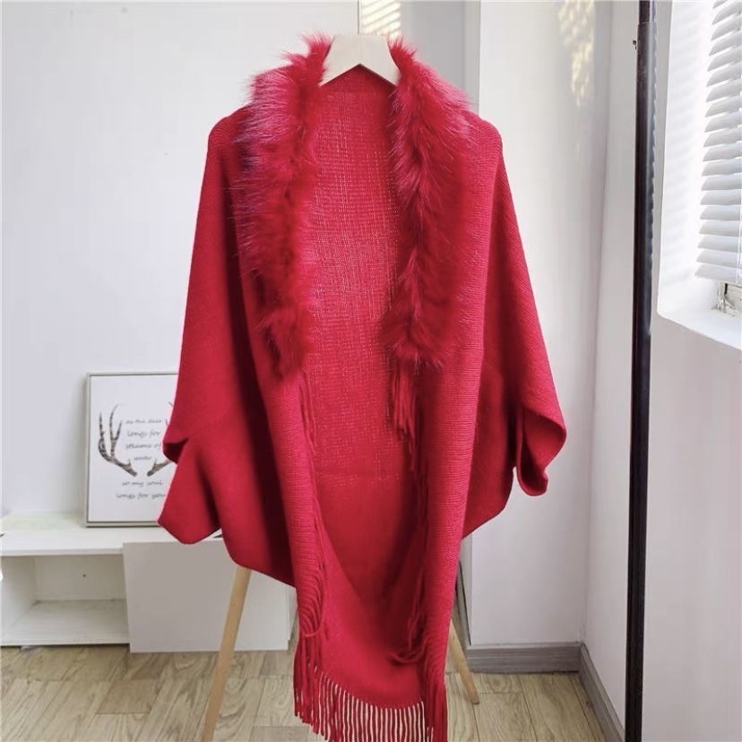 Fur Collar Winter Shawls And Wraps Bohemian Fringe Oversized Womens Winter Ponchos And Capes Batwing Sleeve Cardigan