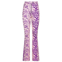Rapcopter Zebra Printed Pants Y2K Full Length Purple Trousers High Waist Zipper Cargo Pants Animal Women Party Outfits Clubwear