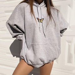 Letter Print Sweatshirt Vintage Women Hoodies Gray Cotton Warm Fleece Winter Pullovers  Autumn New Casual Streetwear Girls