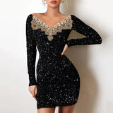 Women Elegant Patchwork Hollow Out Dress New Spring Turtleneck Shiny Silk Club Party Dress Autumn Mesh Long Sleeve Bodycon Dress