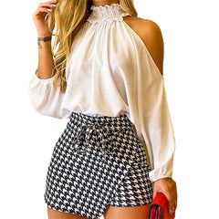 Women Frill Hem Shirred Neck Cold Shoulder Top & Houndstooth Wrap Tie Front Skorts Set Autumn Two Piece Sexy Bodycon Skirts Suit
